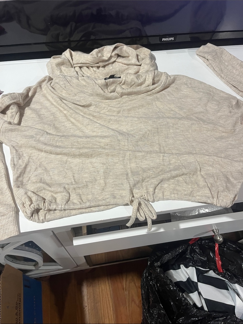 Timing Neutral Beige Cowl-Neck Drawstring Hem Sweater